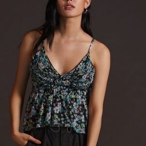 NEW Anthropologie Black Mesh Floral Ruffle Peplum Tank Top Strappy Blouse Small